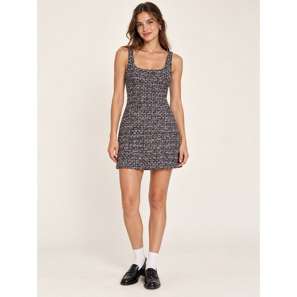 Zara Pink Black Metallic Tweed Mini Dress Square Neck Sleeveless Size Small